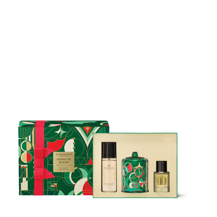 Glasshouse Fragrances Fragrance Trio Gift Set - 200g Candle, 30ml EDP & 100ml Hair & Body Mist - Christmas - Kyoto in Bloom