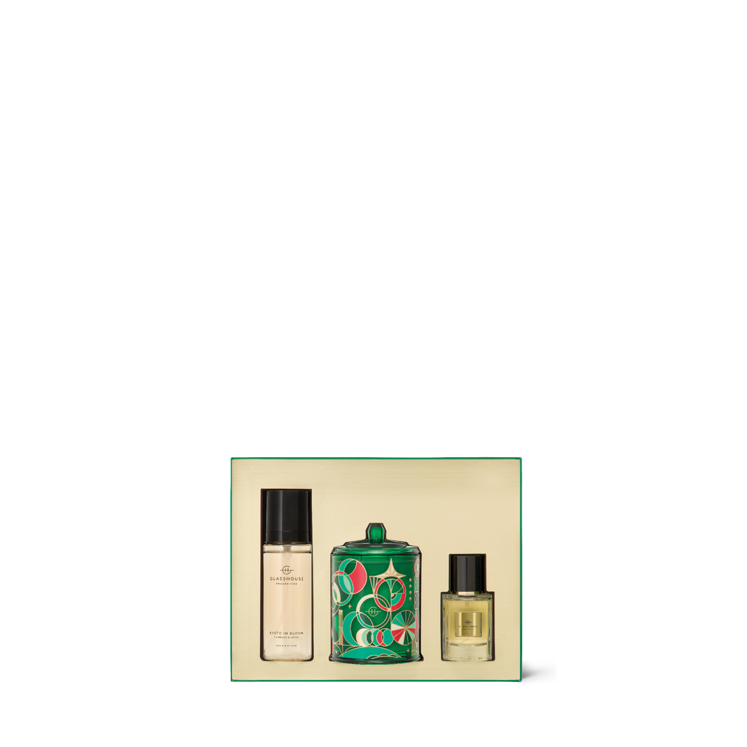 Glasshouse Fragrances Fragrance Trio Gift Set - 200g Candle, 30ml EDP & 100ml Hair & Body Mist - Christmas - Kyoto in Bloom