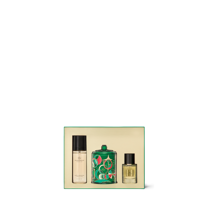 Glasshouse Fragrances Fragrance Trio Gift Set - 200g Candle, 30ml EDP & 100ml Hair & Body Mist - Christmas - Kyoto in Bloom