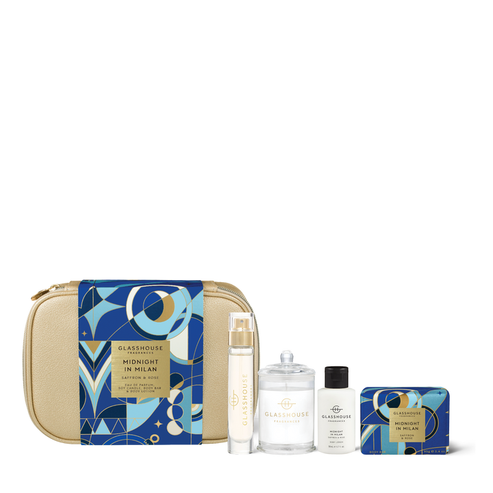 Glasshouse Fragrances Fragrance Travel Set - 60g Candle, 14ml EDP, 95g Body Bar, 50ml Body Lotion - Christmas - Midnight in Milan