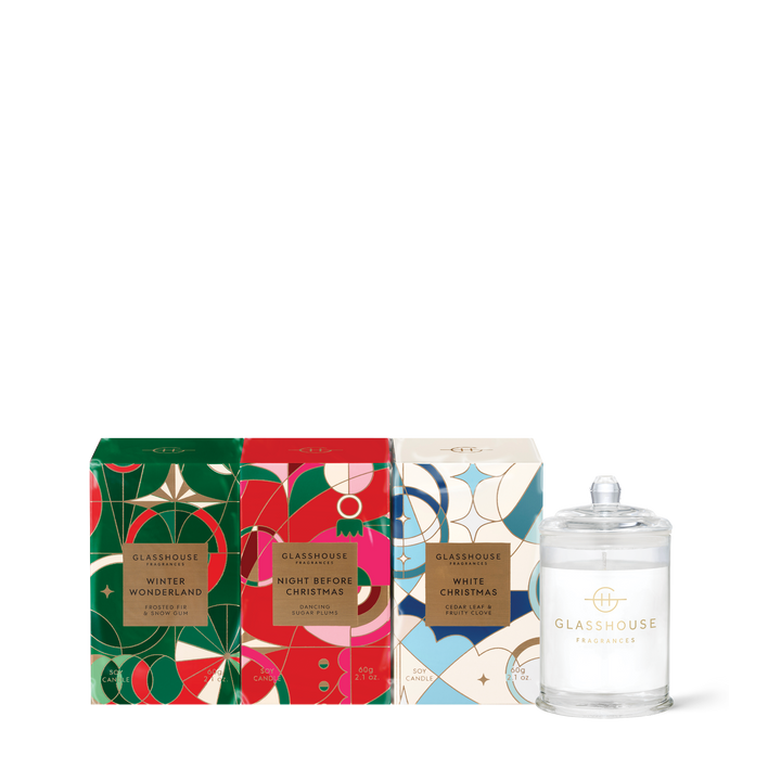 Glasshouse Fragrances 3x60g Candle Trio - Christmas - Winter Wonderland, Night Before Christmas, White Christmas,