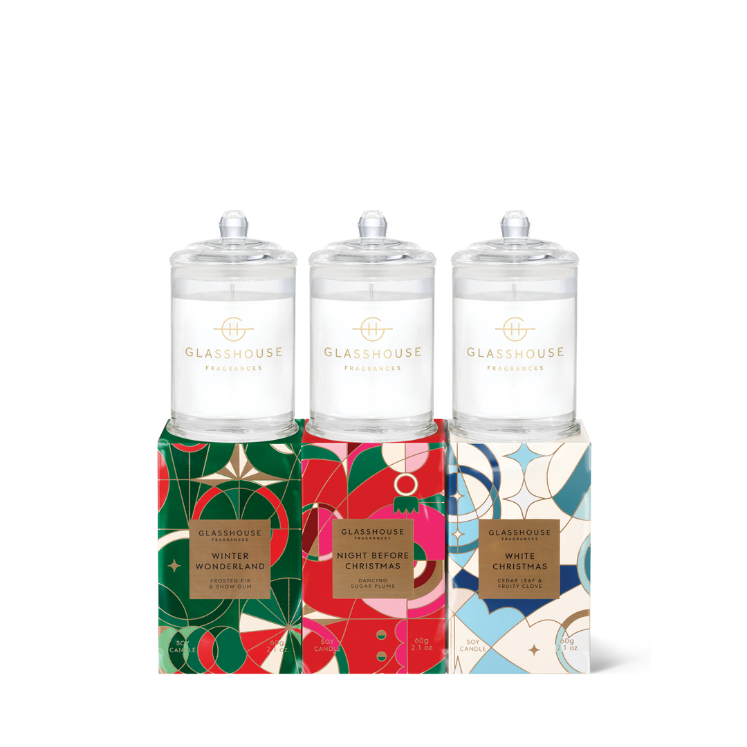 Glasshouse Fragrances 3x60g Candle Trio - Christmas - Winter Wonderland, Night Before Christmas, White Christmas,