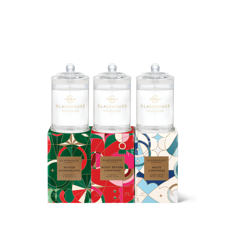 Glasshouse Fragrances 3x60g Candle Trio - Christmas - Winter Wonderland, Night Before Christmas, White Christmas,